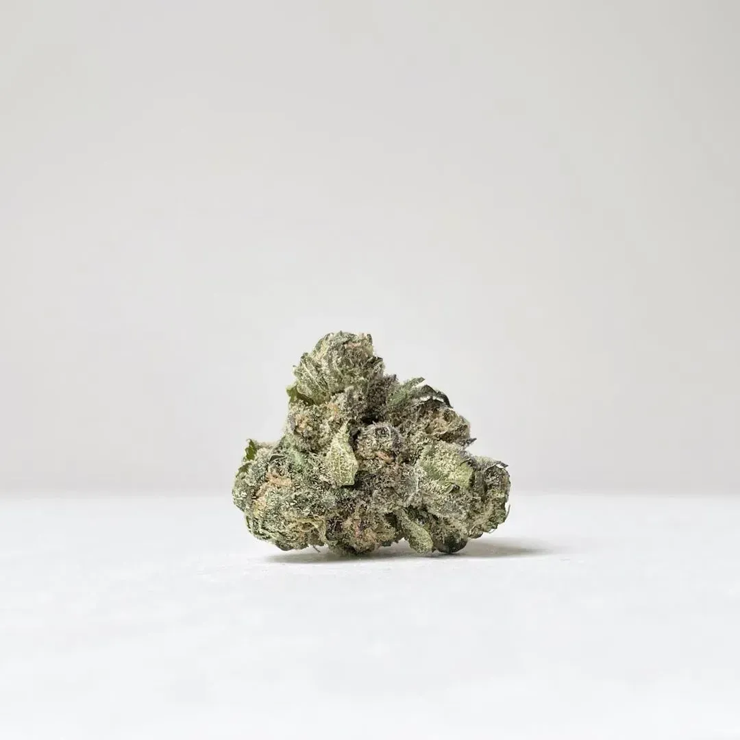 Close-up of a cannabis bud on a white surface against a plain background
