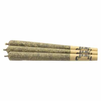 Three rolled smoking joints with tan paper tips on a white background
