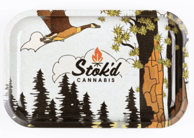 Stókd Cannabis tin with illustrated flying bird, trees, and a large tree trunk on a white background