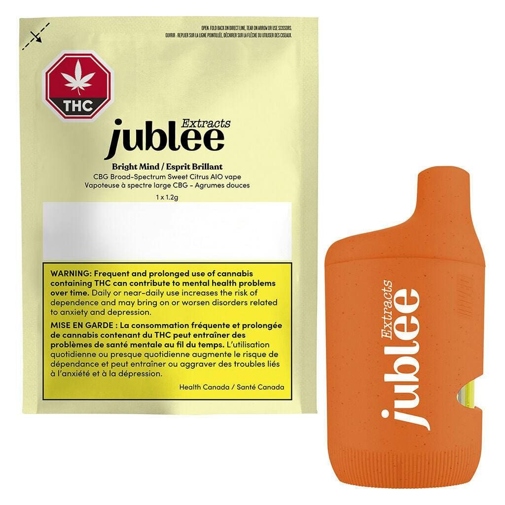 Yellow THC jublee package and orange beverage bottle with white label, shown side by side.