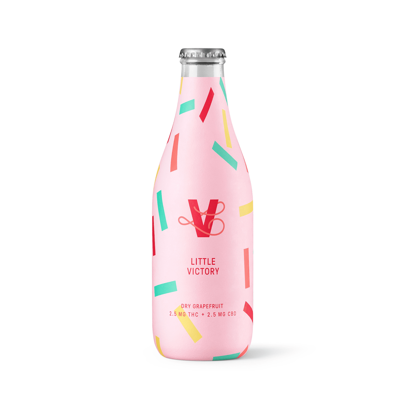 Pink “Little Victory” bottle with colorful confetti-like accents on a white background
