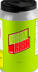 Neon green can with black lid labeled “Neon Rush” in red and green text