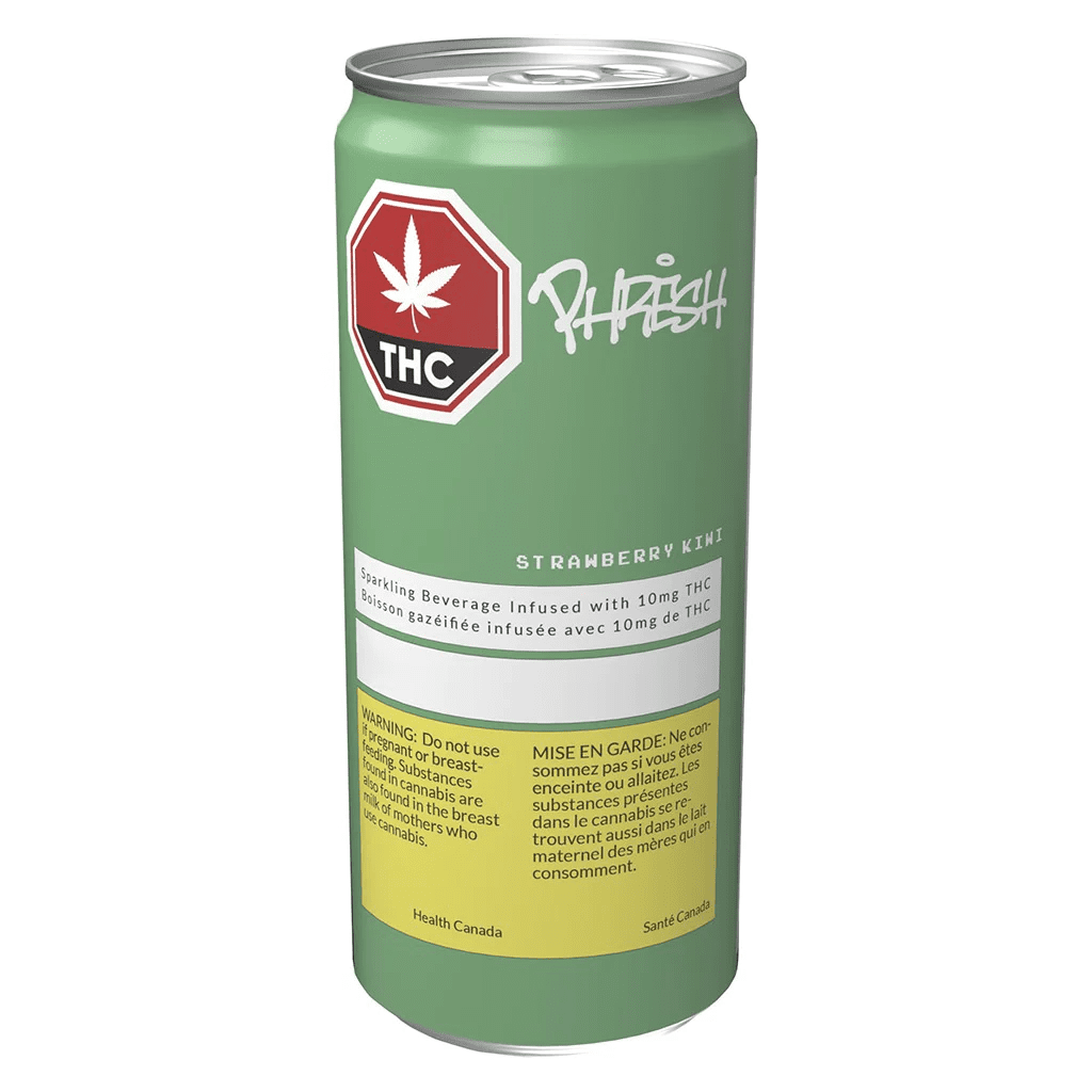 Green THC cannabis drink can with red leaf logo and white label, shown on a plain background