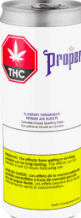 White THC cannabis product can with purple label and yellow warning text on a white background