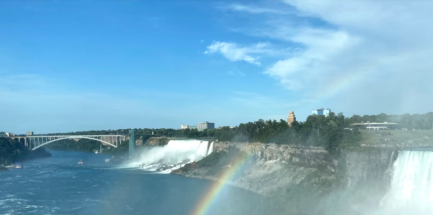Niagara Falls with rainbow, blue sky, and bridge spanning the river