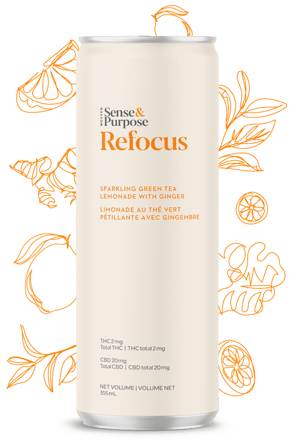 White energy drink can labeled “Pureboost ReFocus” with orange citrus illustrations on a white background