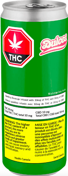 Green THC beverage can with red cannabis leaf logo and yellow label text