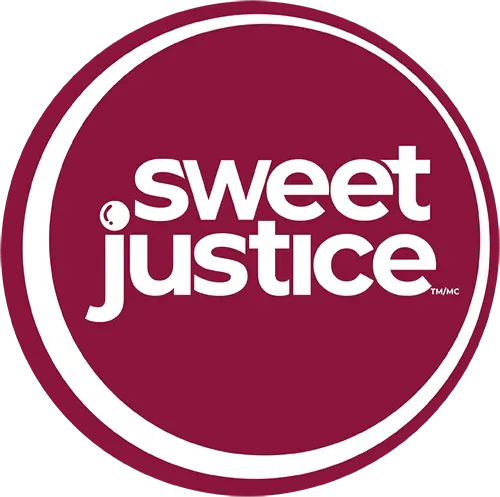 Sweet Justice logo in white on a maroon circular background