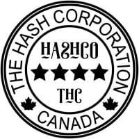 Black circular logo reading “THE HASH CORPORATION” and “CANADA” with stars, maple leaves, and stylized text inside