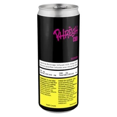 Black energy drink can with pink logo and yellow warning label on a white background