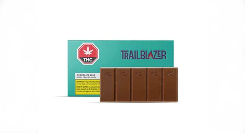 Trailblazer chocolate bar package with turquoise and red branding, showing five chocolate pieces