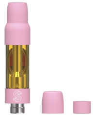 Pink vape cartridge with cap removed, showing separate pink cap and mouthpiece on white background