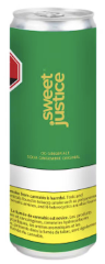 Green Sweet Justice beverage can with a silver top and yellow bottom label