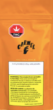 Orange THC cannabis pouch with a maple leaf logo and product label.