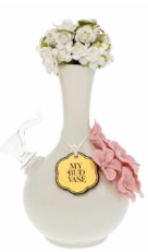 White vase with white flowers and pink flowers, labeled “My Wild Vase.”