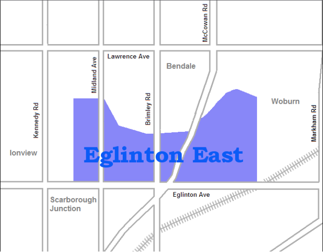 Map of Eglinton East with blue highlighted area around Bendale, Woburn, and Scarborough Junction.