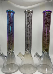 Three iridescent glass water pipes with chevron-patterned necks, lined up side by side