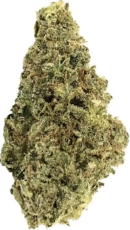 Close-up of a cannabis bud with green and orange hues on a white background