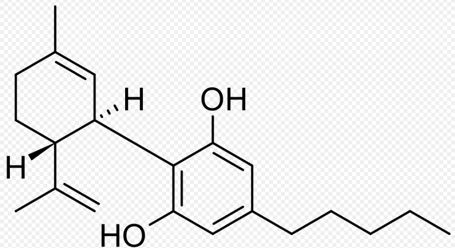 Chemical structure diagram of a cannabinoid molecule with hydroxyl groups and a long alkyl chain
