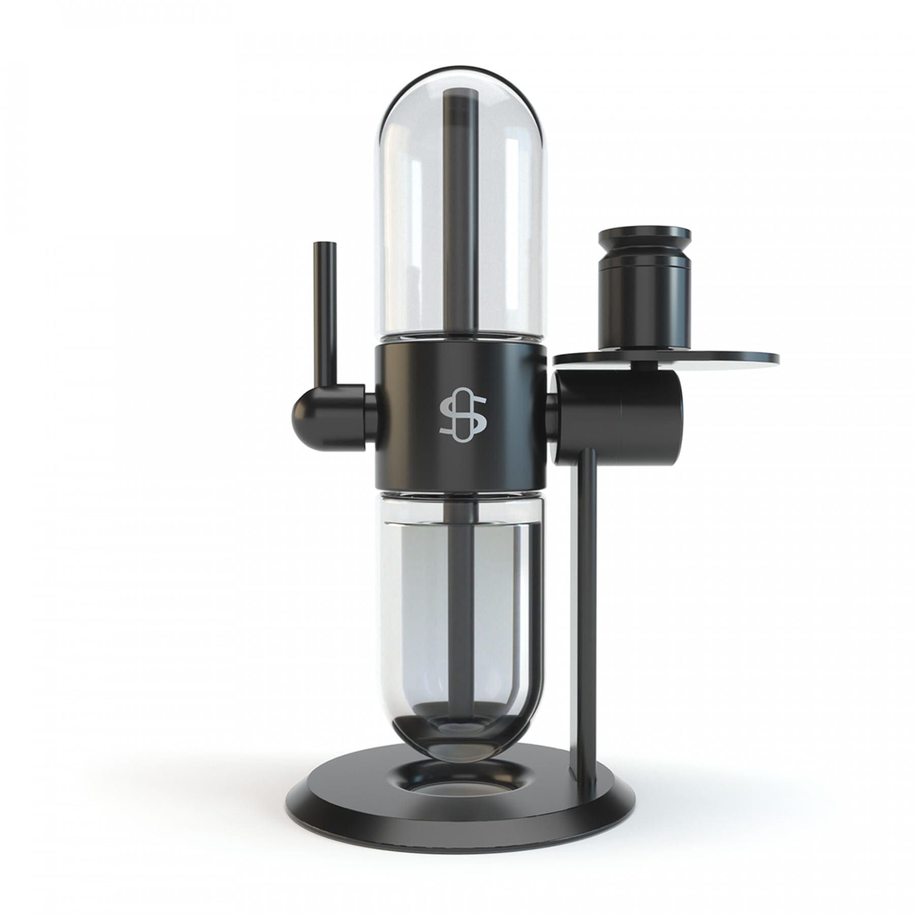Pill-like glass desktop cannabis vaporization device erected on a black metal stand