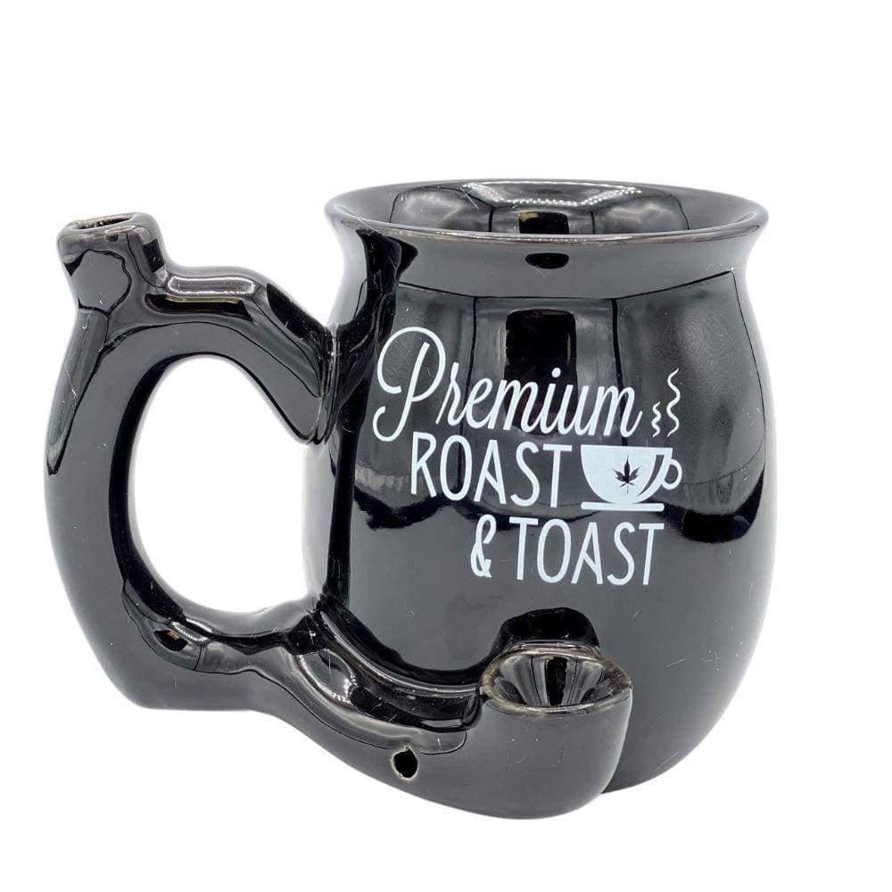 Black ceramic mug with handle and “Premium Roast & Toast” text, shaped like a coffee cup with a pipe handle