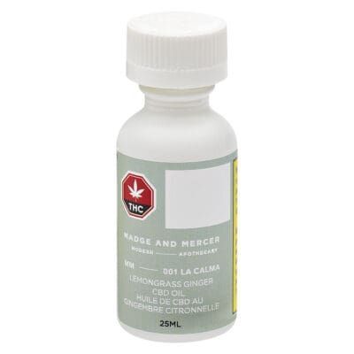 White-capped bottle of THC cannabis tincture with green label on a plain background