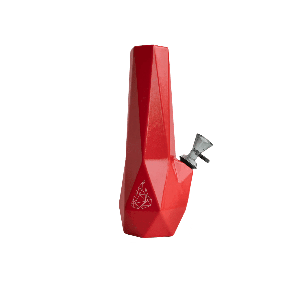 Red geometric weed bong with a silver metal mouhtpiece on a white background