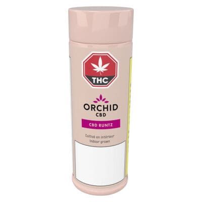 Pink CBD lotion bottle with leaf logo and white label, standing on a white background