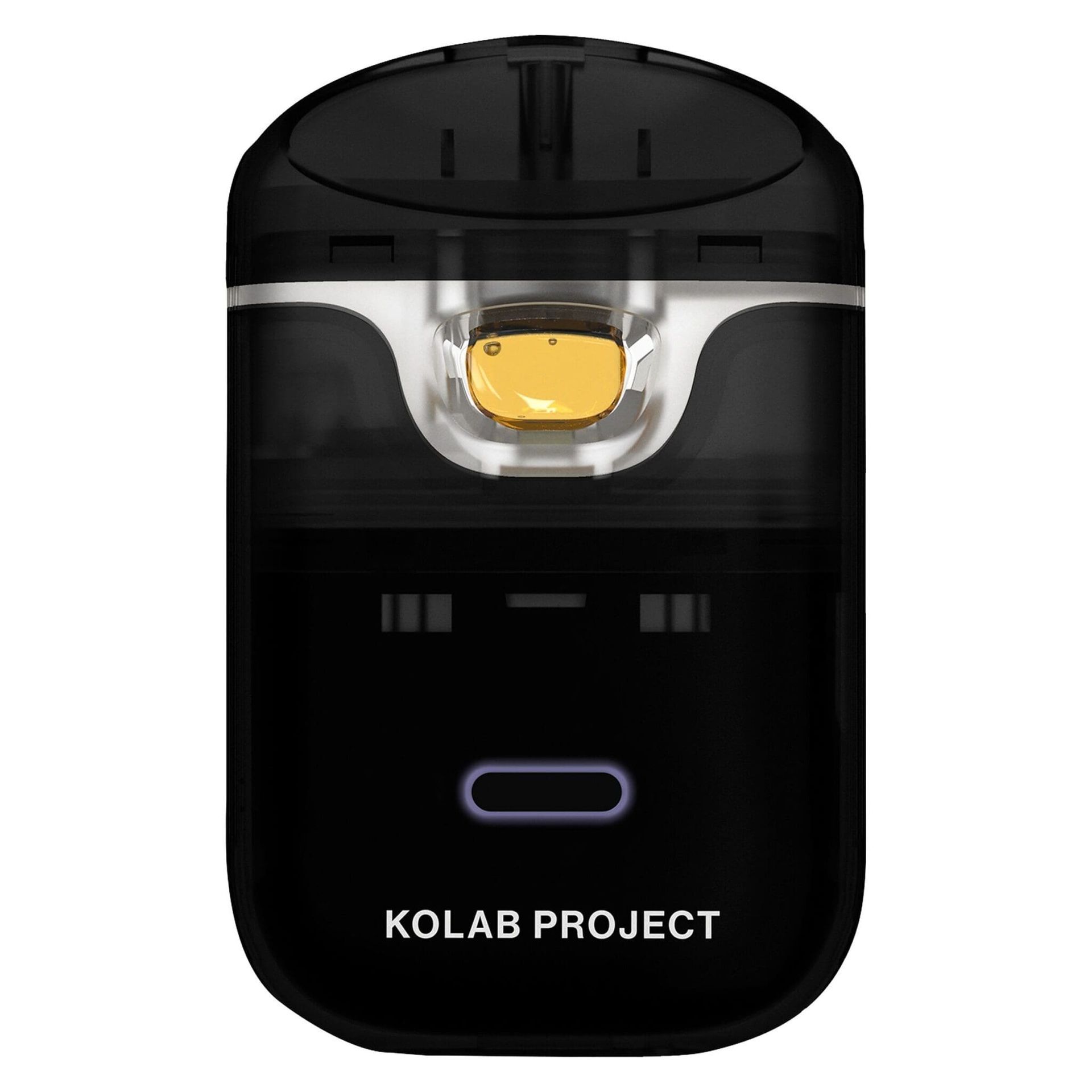 Black KOLAB PROJECT pod device with a clear window and small yellow detail on top.