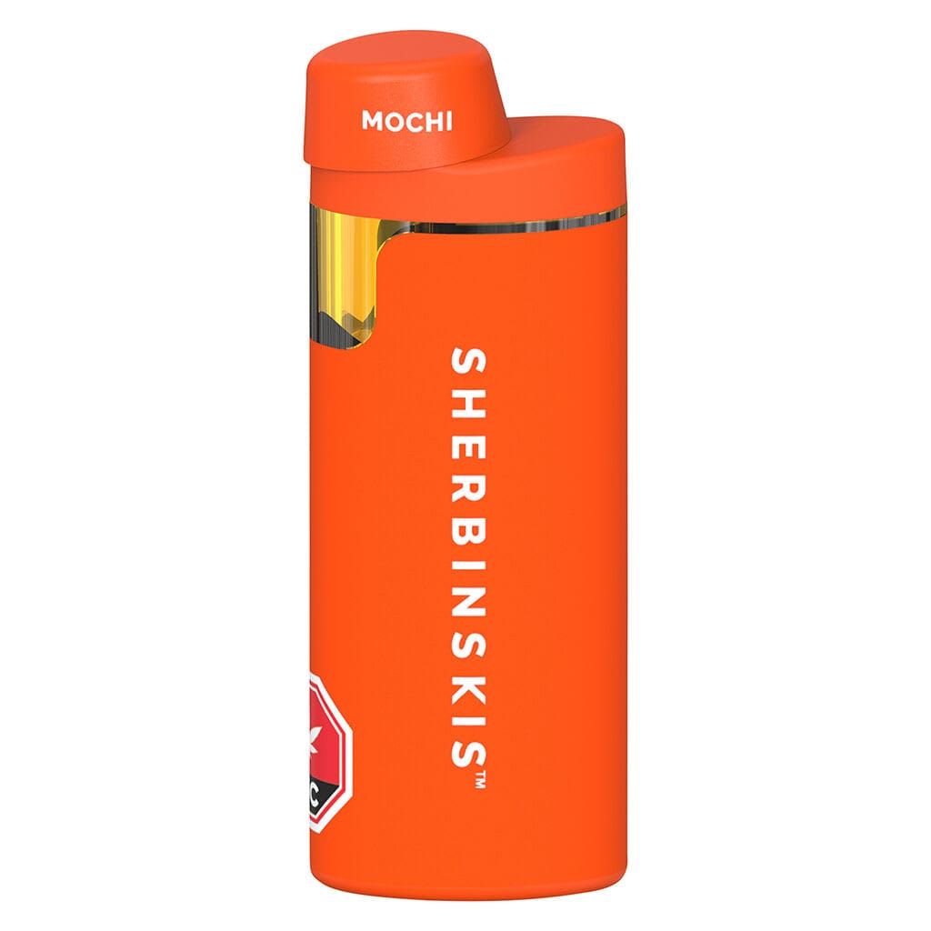 Orange Sherbinskis Mochi vape pen with vertical white text and gold accent near the top