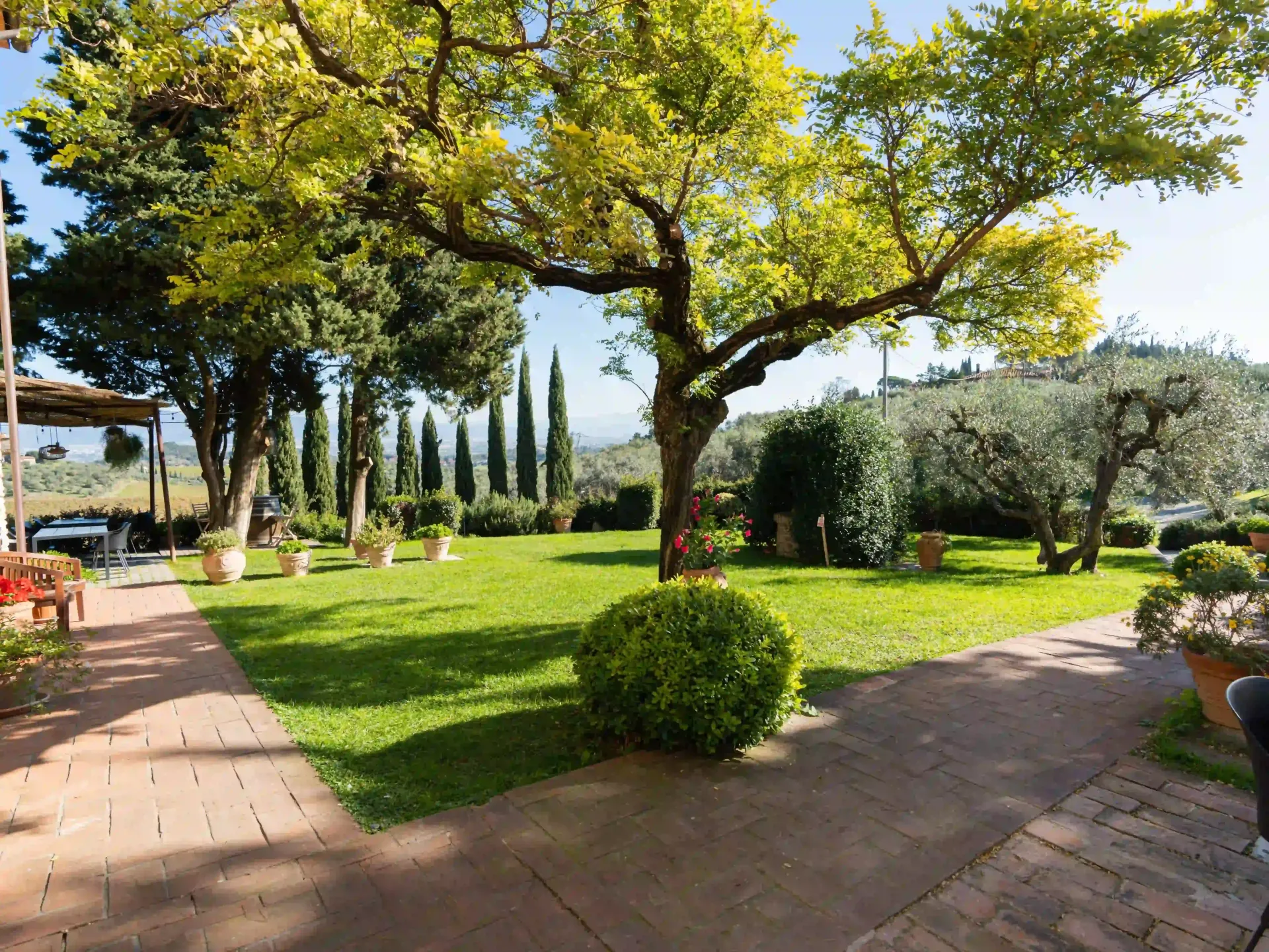 Un giardino soleggiato, sotto un cielo azzurro limpido, è caratterizzato da un grande albero, un prato ben curato, piante in vaso e vialetti in mattoni.