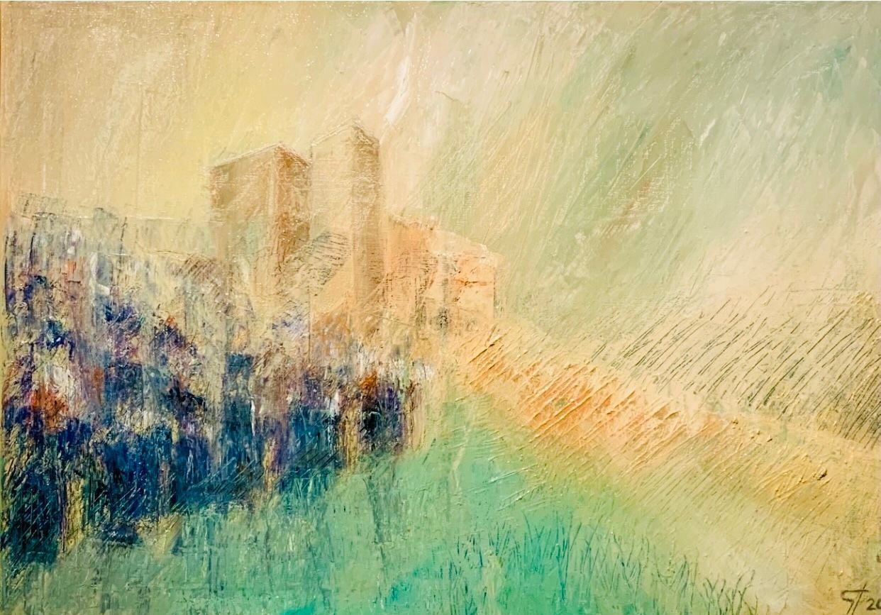 Abstrakte pastellfarbene Stadtlandschaft mit blauen Gebäuden und einem leuchtend gelben Himmel