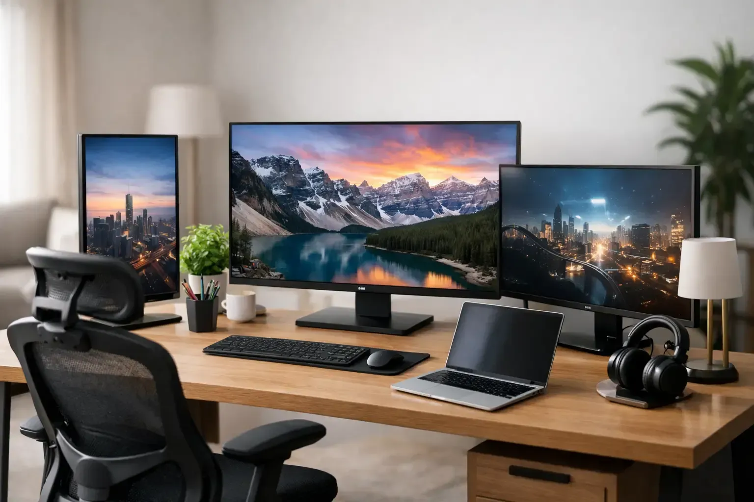 Configuración de escritorio de trabajo con los mejores monitores para home office en 2026.