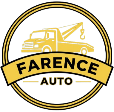 Yellow and black logo for Farence Auto, featuring a tow truck inside a circle.