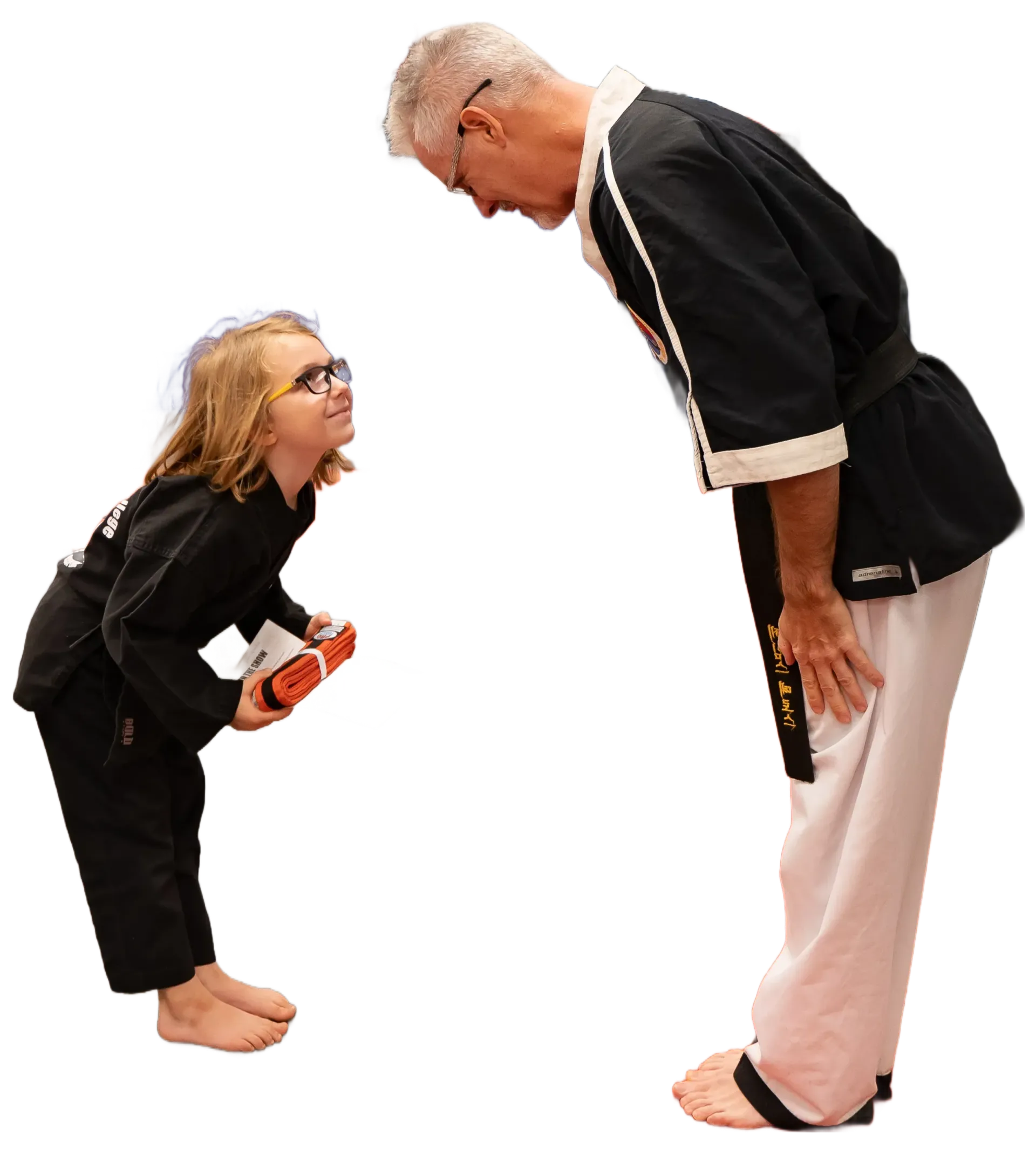 Two people in martial arts uniforms bowing to each other on a white background.
