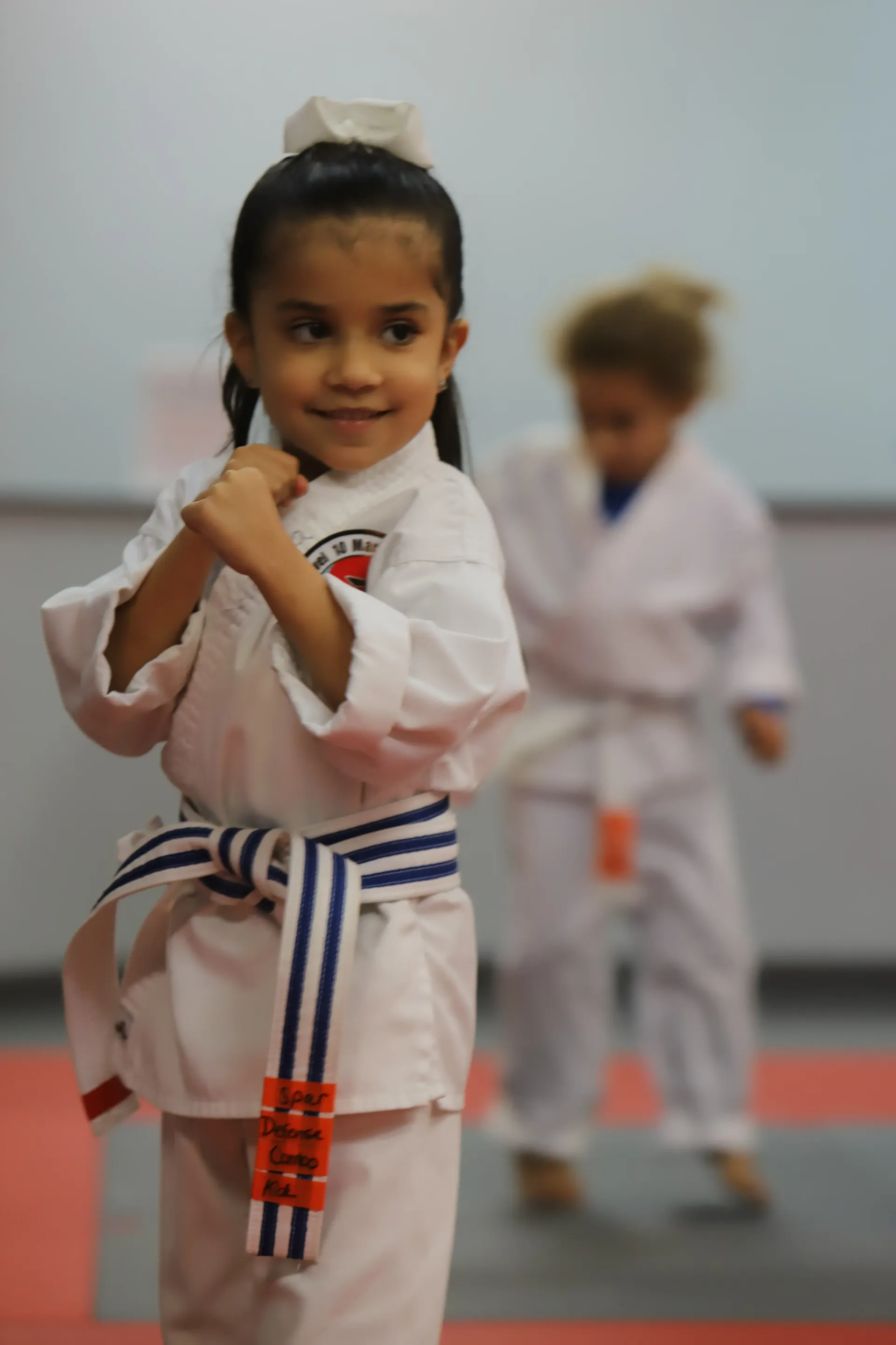 Child in a white martial arts gi with a blue-striped belt poses in a dojo, another child blurred behind.