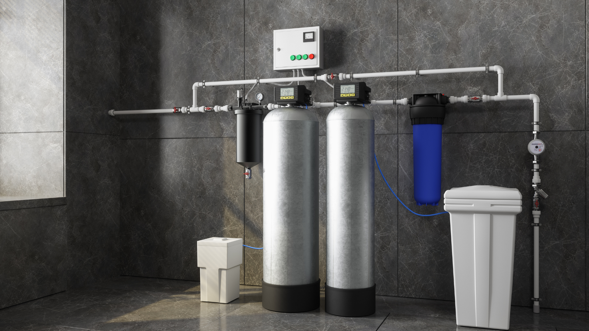 Two water filters are sitting next to each other in a room.