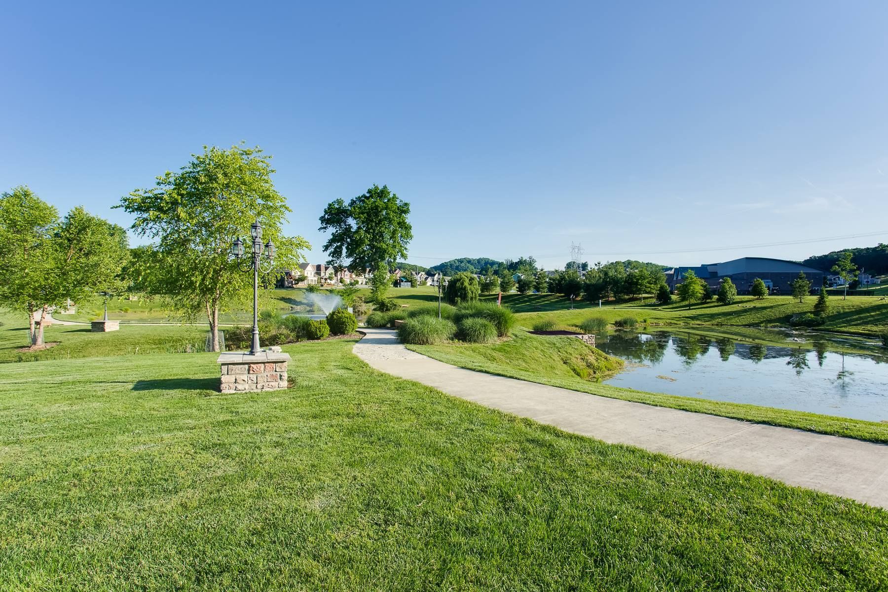 A path leading to a lake in a park with trees and grass.