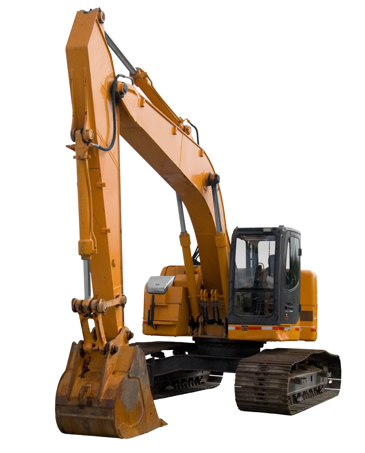 A yellow excavator with a large bucket on a white background.