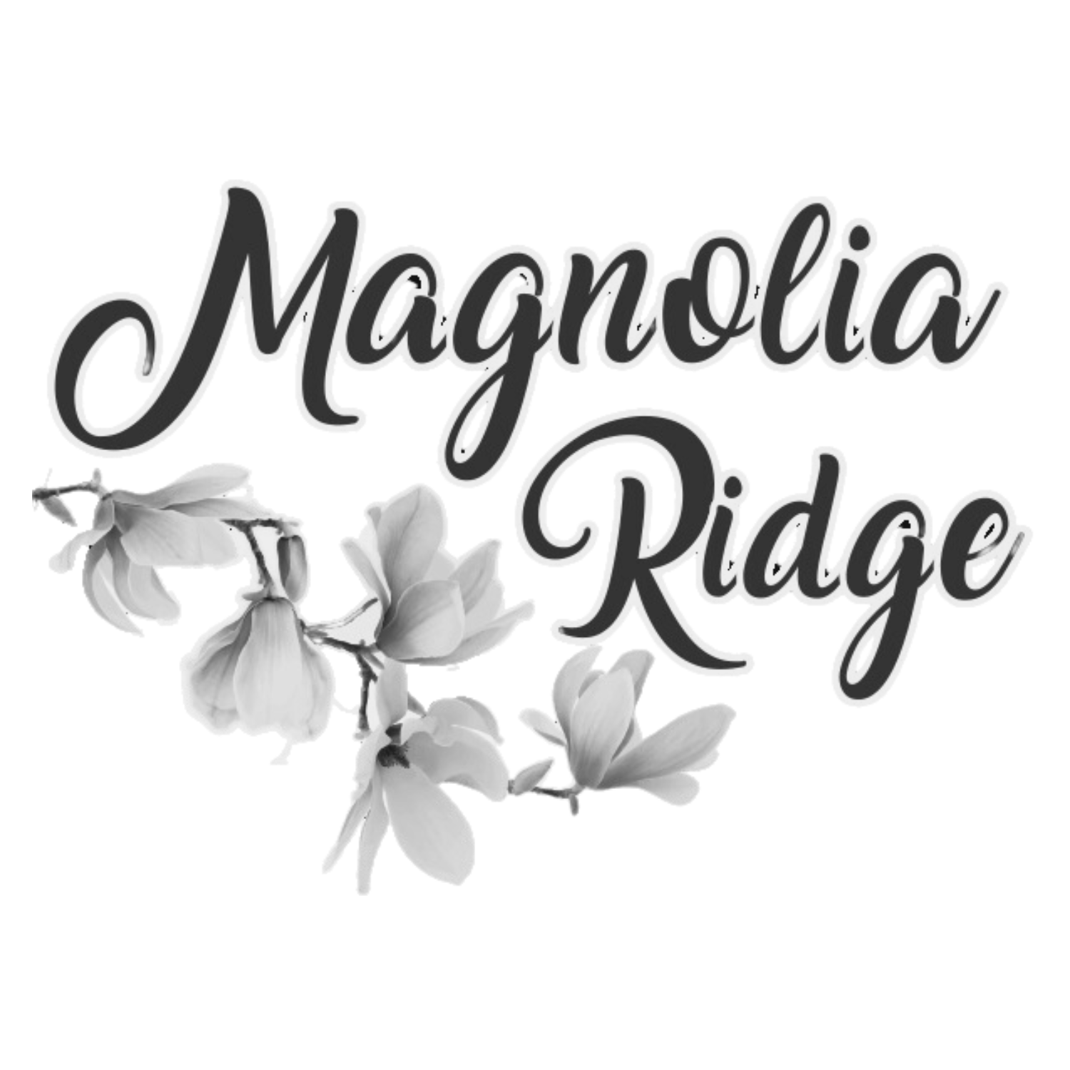 A black and white logo for magnolia ridge with flowers.