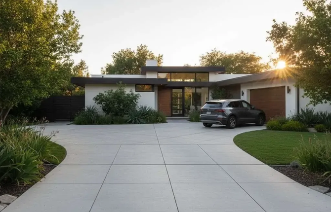 Modern home with a wide concrete driveway, parked SUV, and warm sunset light.
