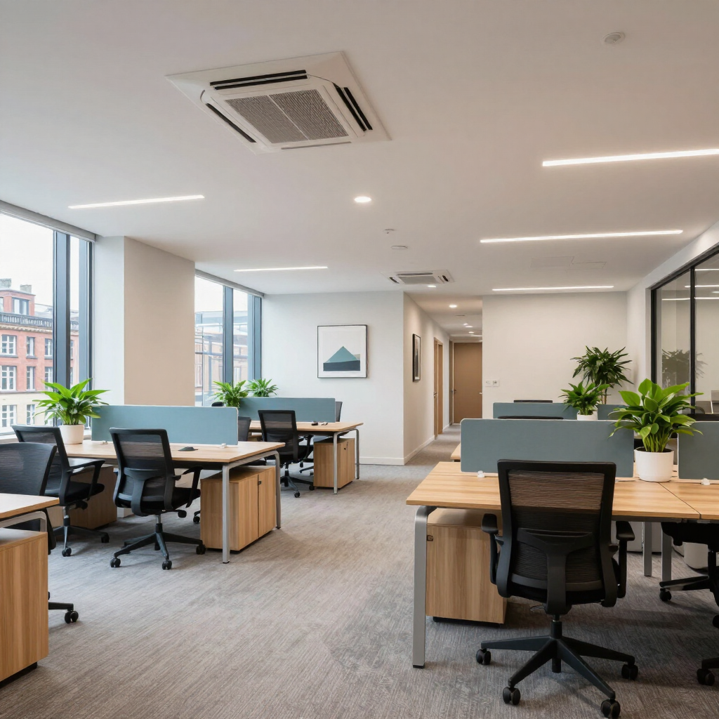 Modern commercial office space with ceiling-mounted air conditioning unit