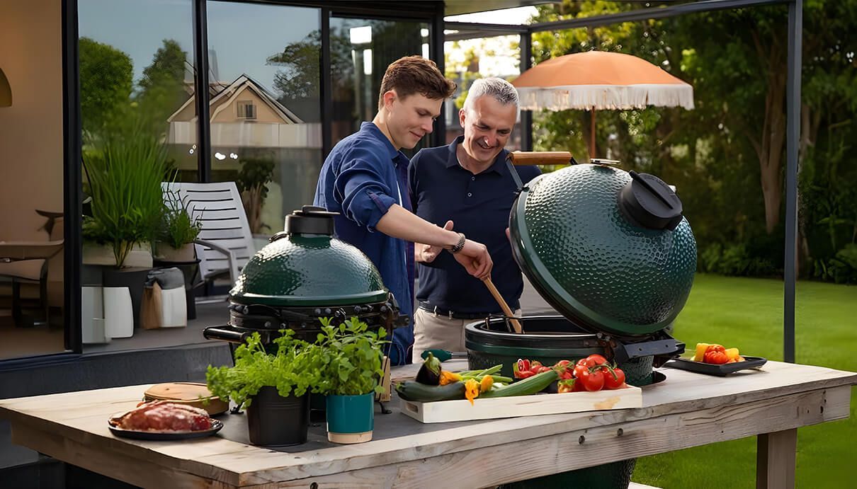 Due uomini cucinano con barbecue big green egg