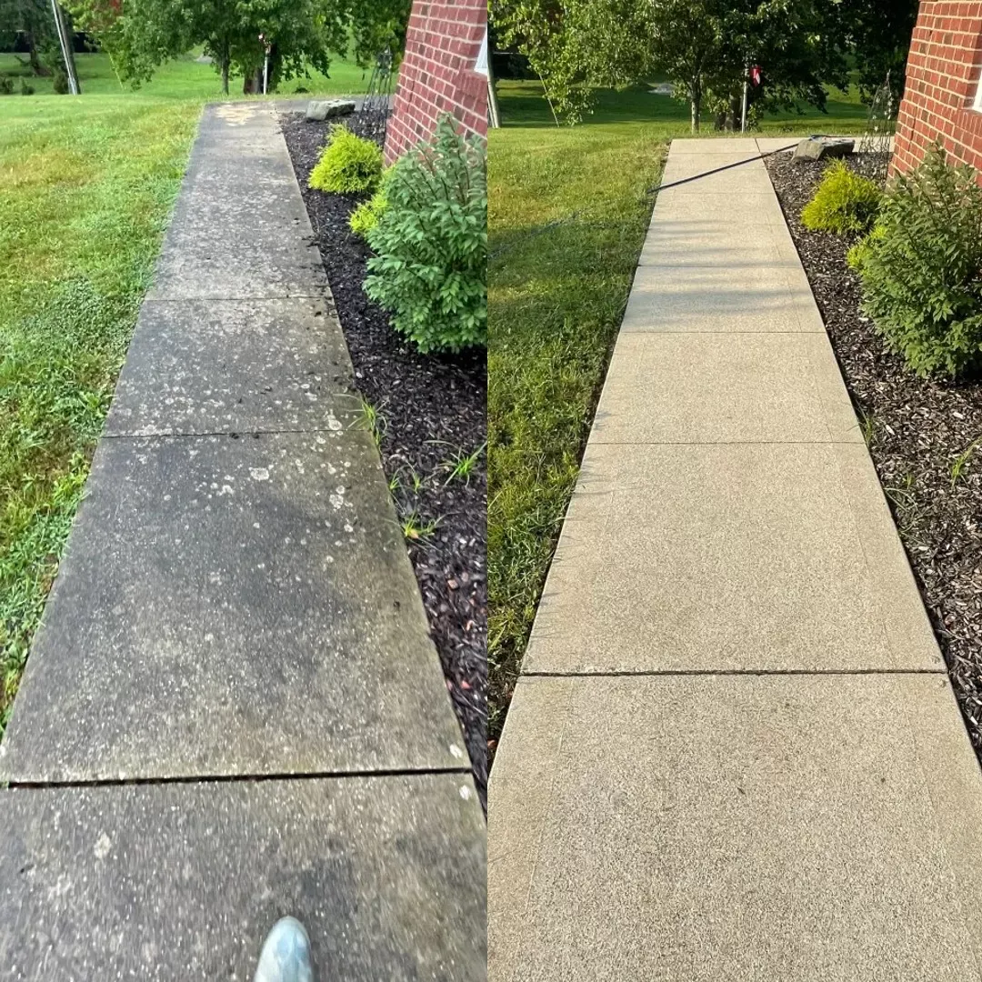 A before and after picture of a sidewalk that has been cleaned.