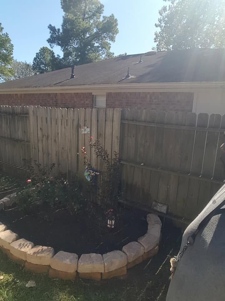 Small backyard garden bed with a young tree, bordered by tan stones and wooden fencing in sunlight