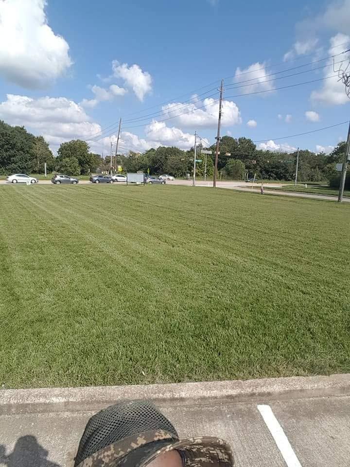 Grassy park field beside a parking lot under a blue sky with scattered clouds