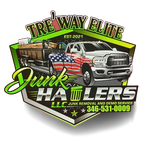 TRE-WAY ELITE junk hauling logo with truck, American flag, and phone number 346-531-0009