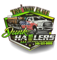 TRE-WAY ELITE junk hauling logo with truck, American flag, and phone number 346-531-0009