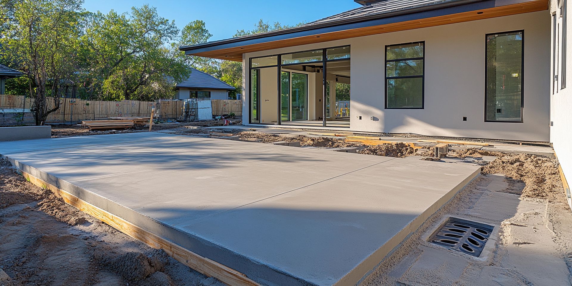 New concrete patio installation in sunny outdoor space. New concrete patio installation in sunny outdoor space.