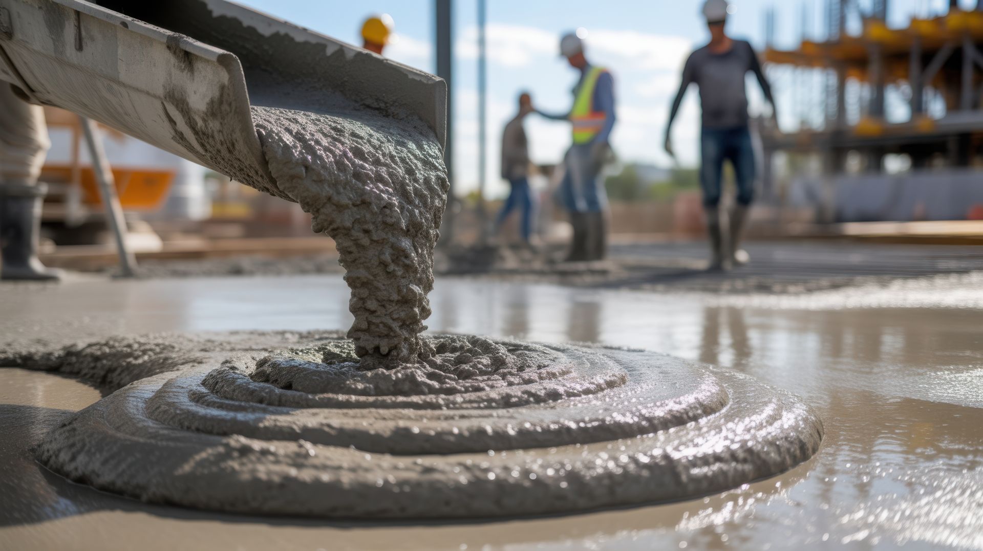 Wet concrete pours from a chute onto a freshly leveled slab as crew in hardhats finish the surface